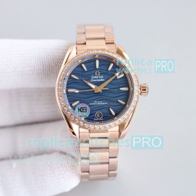 VSF Swiss Copy Ladies Omega Seamaster Aqua Terra 150M Blue Dial Rose Gold Diamond Watch 